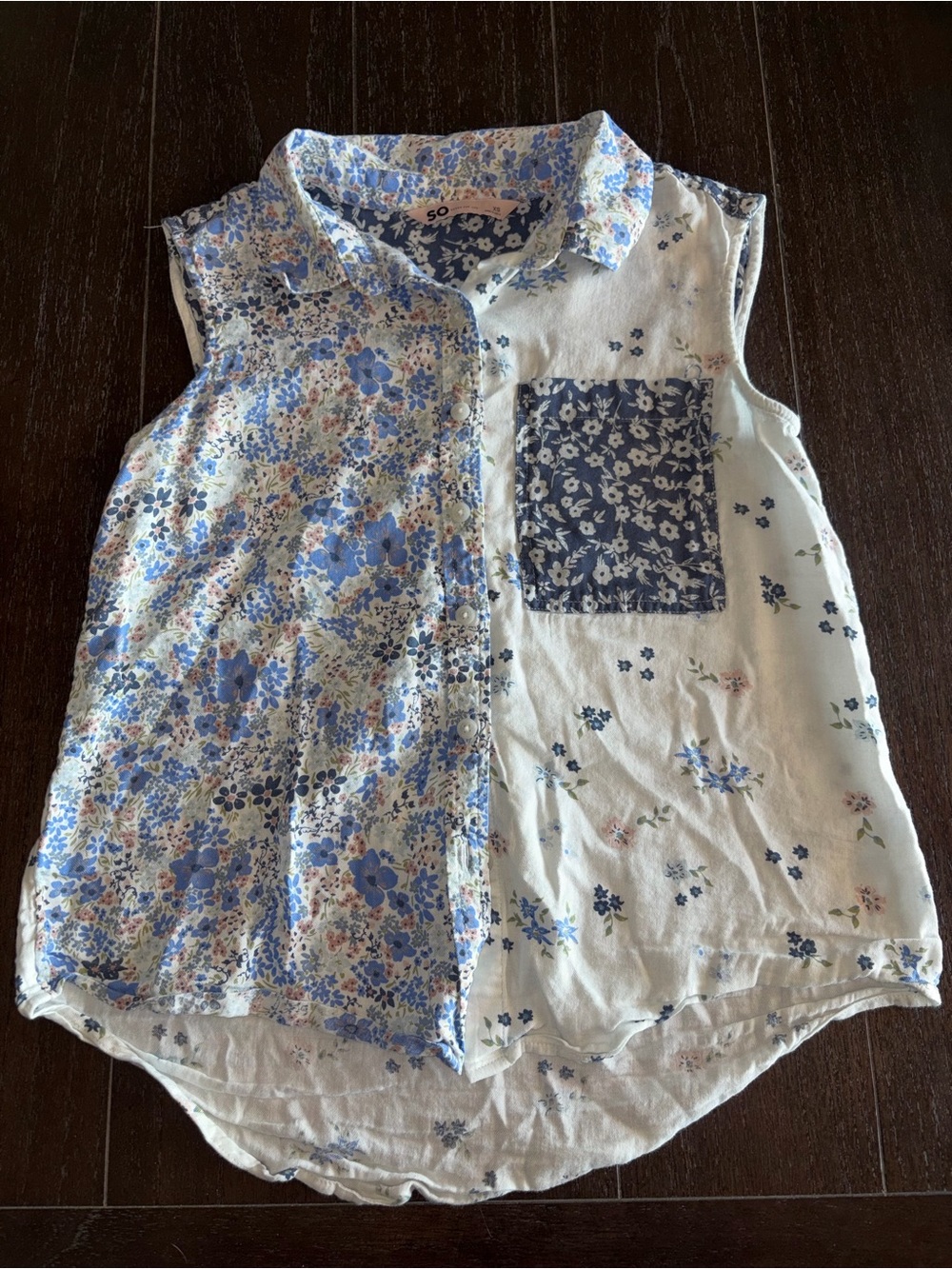 Sleeveless Blue Floral Patchwork Girls' flannel Shirt